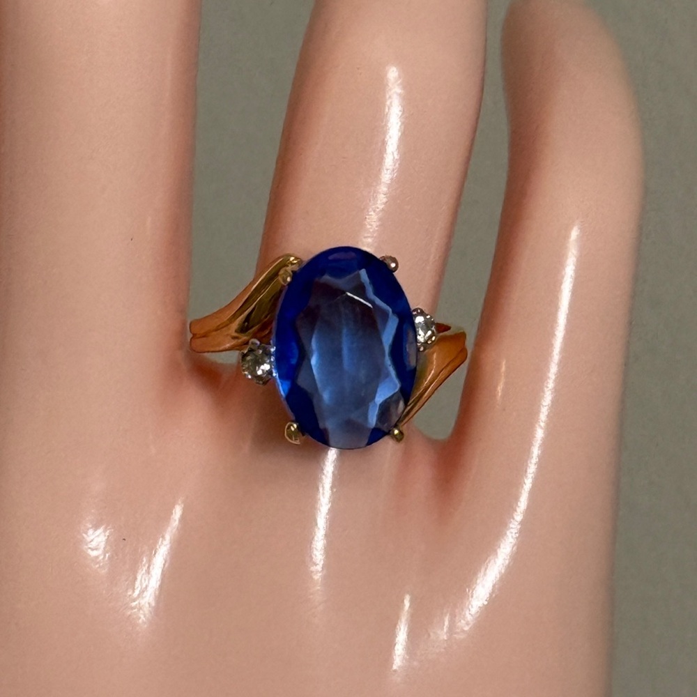 Elegant 18k Gold Electroplated Ring with Blue Gemstone, Size 8